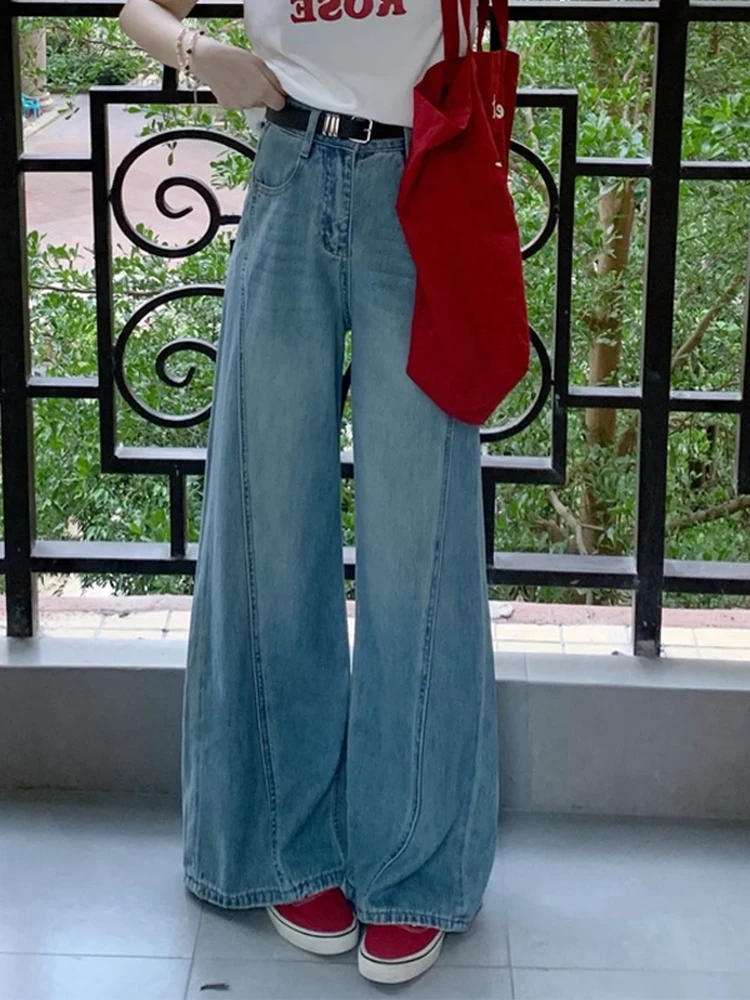 

Summer Vintage High Waist Wide Leg Soft Denim Jeans Commuter Versatile High Waist Hip Concealing Retro Blue Personalized Patc...
