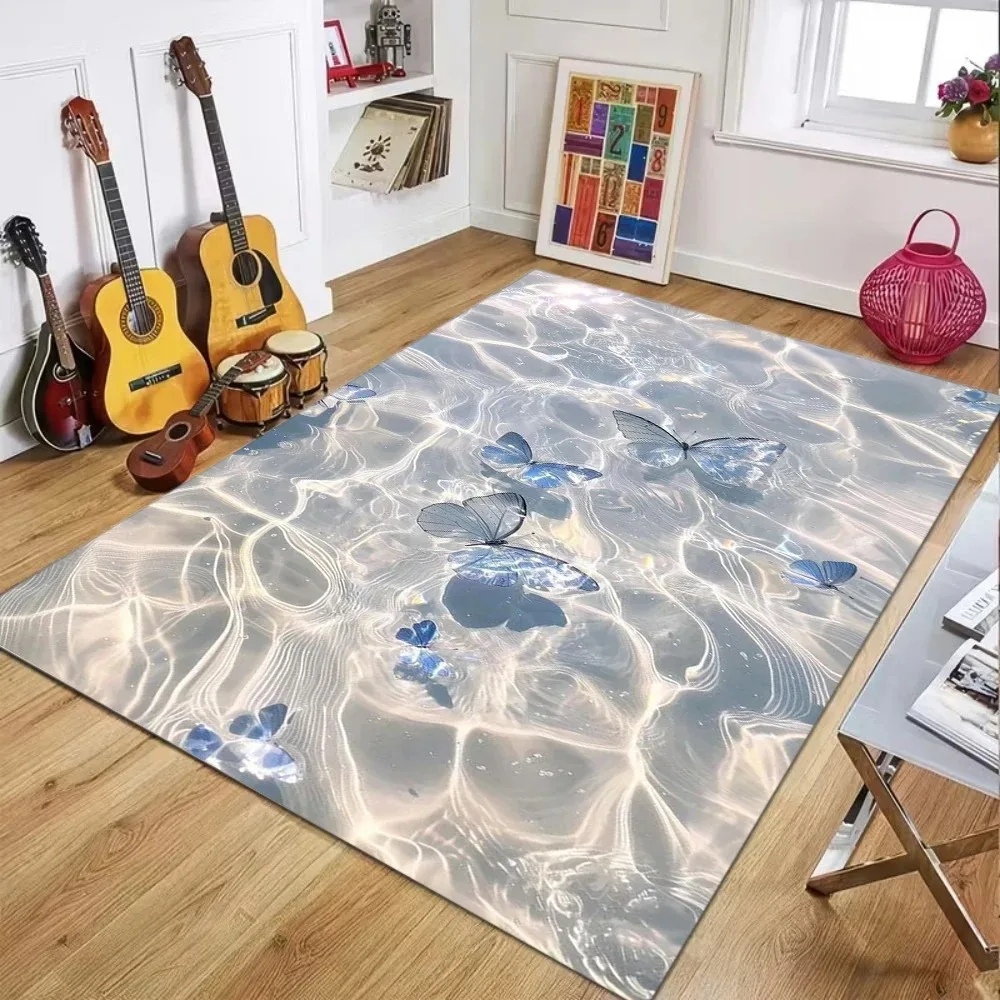 Blue Water Surface Butterfly Round Rug Vivid Clear Water Wave Pattern Area Carpet Aquatic‑Style Floor Mat Living Room Decor