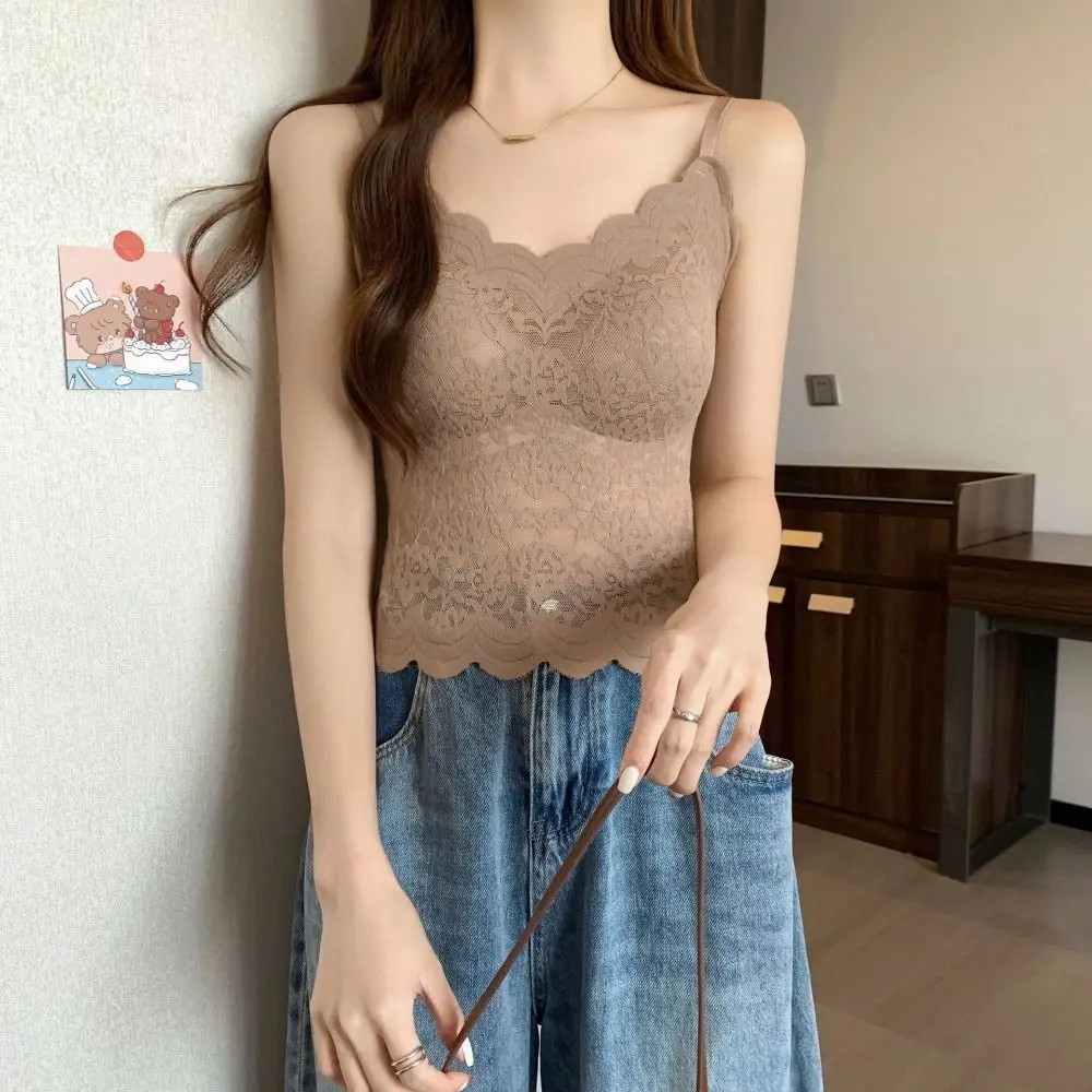 

With Chest Cushion Ice Silk Lace Camisole Non Trace Solid Color Ice Silk Corset Slim Fit Sleeveless Suspender Vest Spring Summer