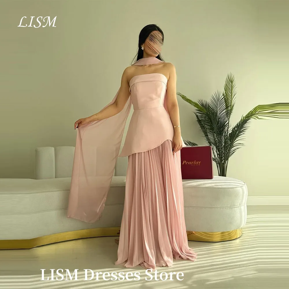 

LISM Elegant Arabic Women Wedding Party Dresses Tulle Simple Blush Pink Strapless Long Evening Formal Gowns Customized