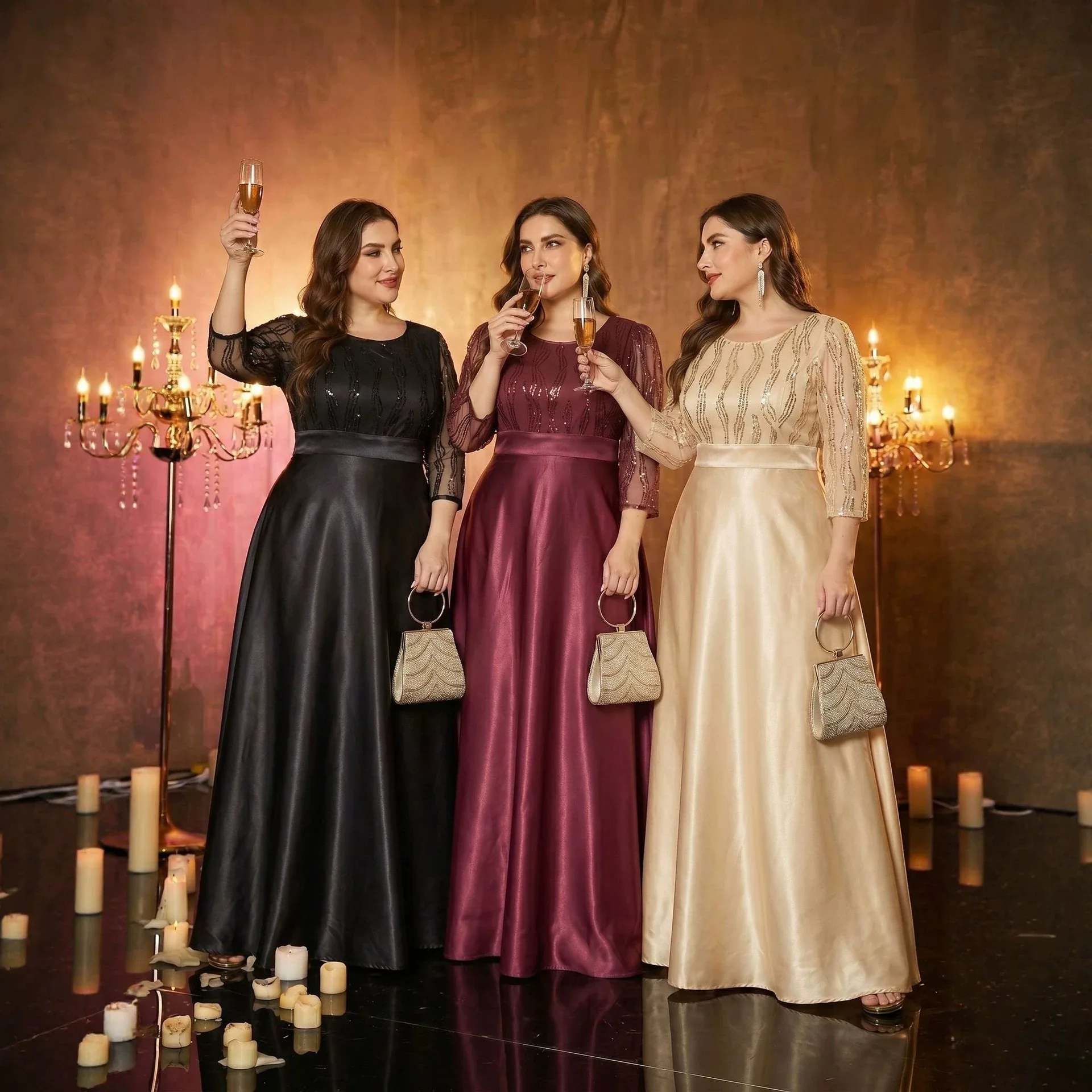 

Plus Size 3 Colors Round Neck Sheer 3/4 Sleeve Vertical Line Sequin Mesh Satin Maxi Dress Wide Waistband A Line Evening Gown