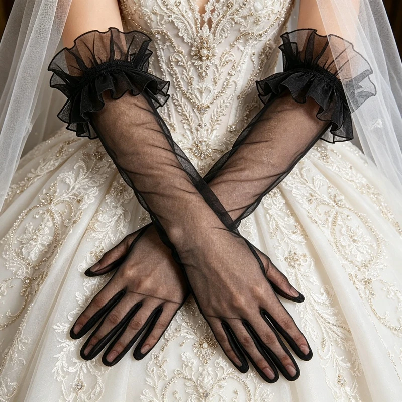 Black Long Bridal Gloves Sheer Tulle Opera Gloves Ruffled Cuff Evening Mesh Full Finger Gloves Party Wedding Accessories