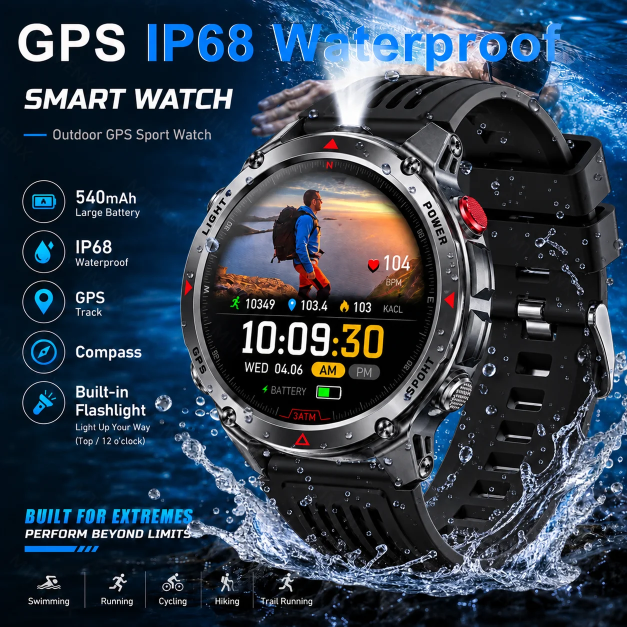 Nouvelle montre connectée 2026 pour hommes, GPS d'extérieur, batterie 540 mAh, boussole, lampe de poche, appels Bluetooth, montre connectée étanche pour le sport, livraison locale
