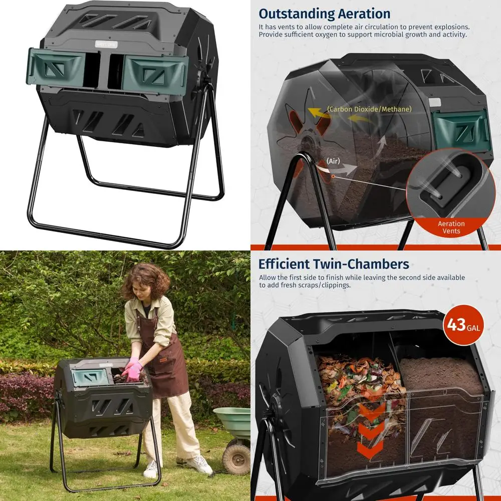 

Dual Chamber 43-Gallon Outdoor Compost Tumbler with Sliding Doors and Aeration System