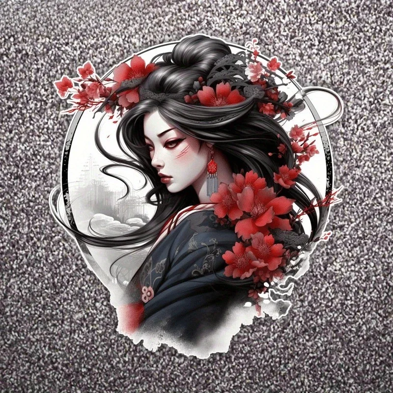 Japanese Anime Geisha Cherry Blossom Round Waterproof Vinyl Sticker Decal for Car SUV Motorcycle Bumper Decor