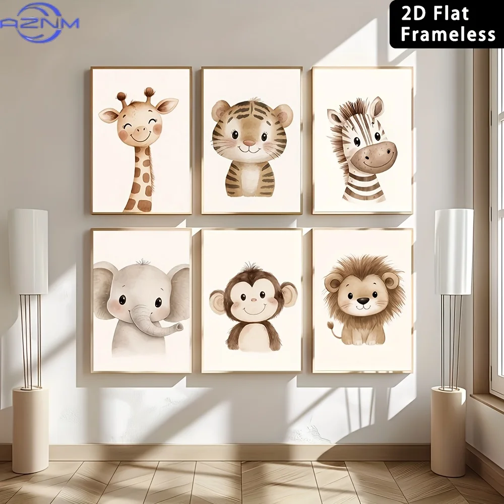 6pcs Frameless Cute Jungle Lions, Giraffes, Elephants, Monkeys, Tigers, Zebras, Animals, Wall Art, Printed Canvas, Wildlife Park