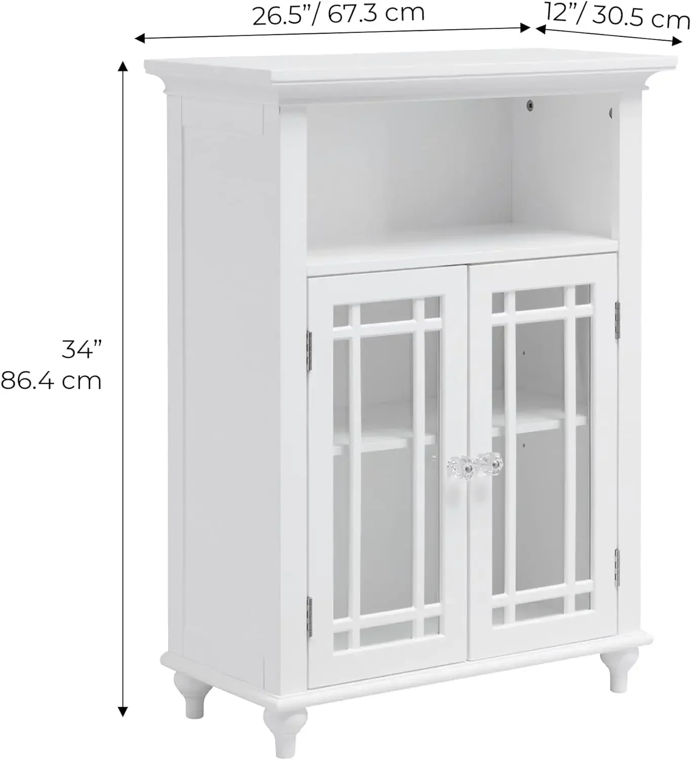 Neal Wooden Freestanding Floor Cabinet with 1 Adjustable Shelf 3 Storage Spaces 2 Glass Doors and 2 Clear Knobs, Wh