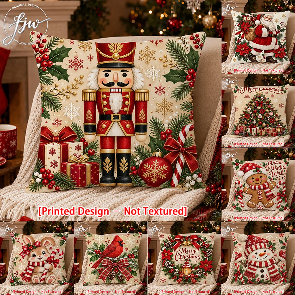 1pc Christmas Throw Pillow Covers, Cute Nutcracker Santa Snowman Gingerbread Man Cushion Covers for Sofa Couch