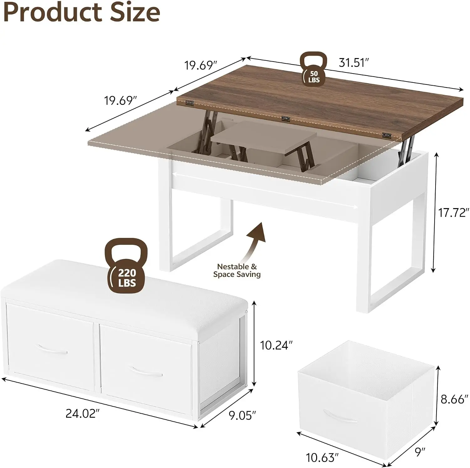 31.5'' Lift Top Coffee Table with Storage Bench, White Brown