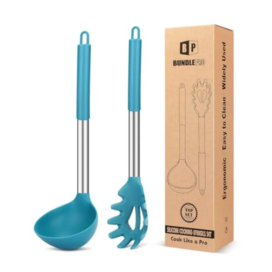 Silicone Pasta Fork and Ladle Spoon Set Large Non Stick Kitchen Utensils for Cooking Stirring Serving Spaghetti Soup Sauce BLUE
