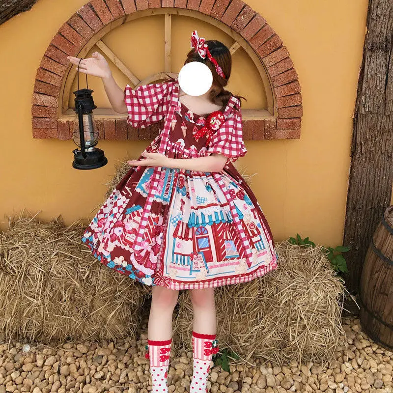 Robe OP à carreaux Sweet Lolita Kawaii pour filles, dessin animé mignon, imprimé lapin, manches courtes, robes de soirée japonaises, été