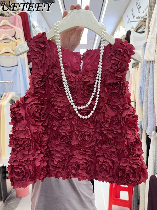 

French Sweet Three-dimensional Rose Slim Thin Suspender Vest Women's 2025 Summer New Niche Retro Vacation Sleeveless Tshirt Top
