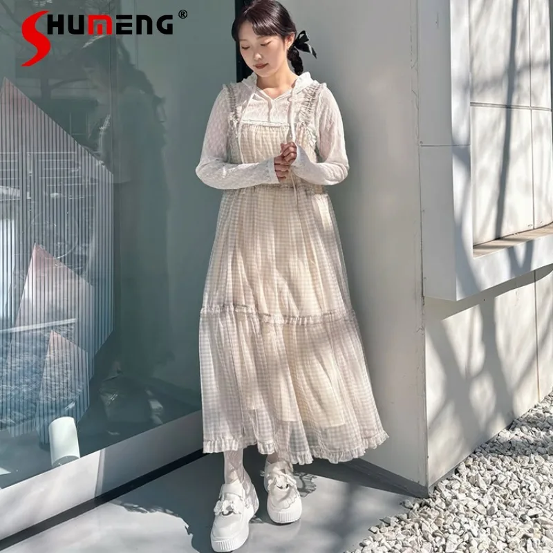 

2025 Summer New Soft Sweet Elegant Loose Long Sleeveless Dress Japanese Style Plaid Chiffon Strap Dresses 2 Colors Available