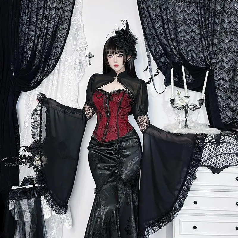 

Новая китайская модная женская свободная блузка-жакет из полиэфирного волокна с длинными рукавами-колокол и кружевом, визуально стройнящая фигуру