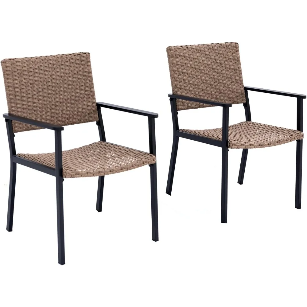 Outdoor dining chair set (2-piece set), suitable for outdoor terrace tables, metal frame, natural all-weather willow strips