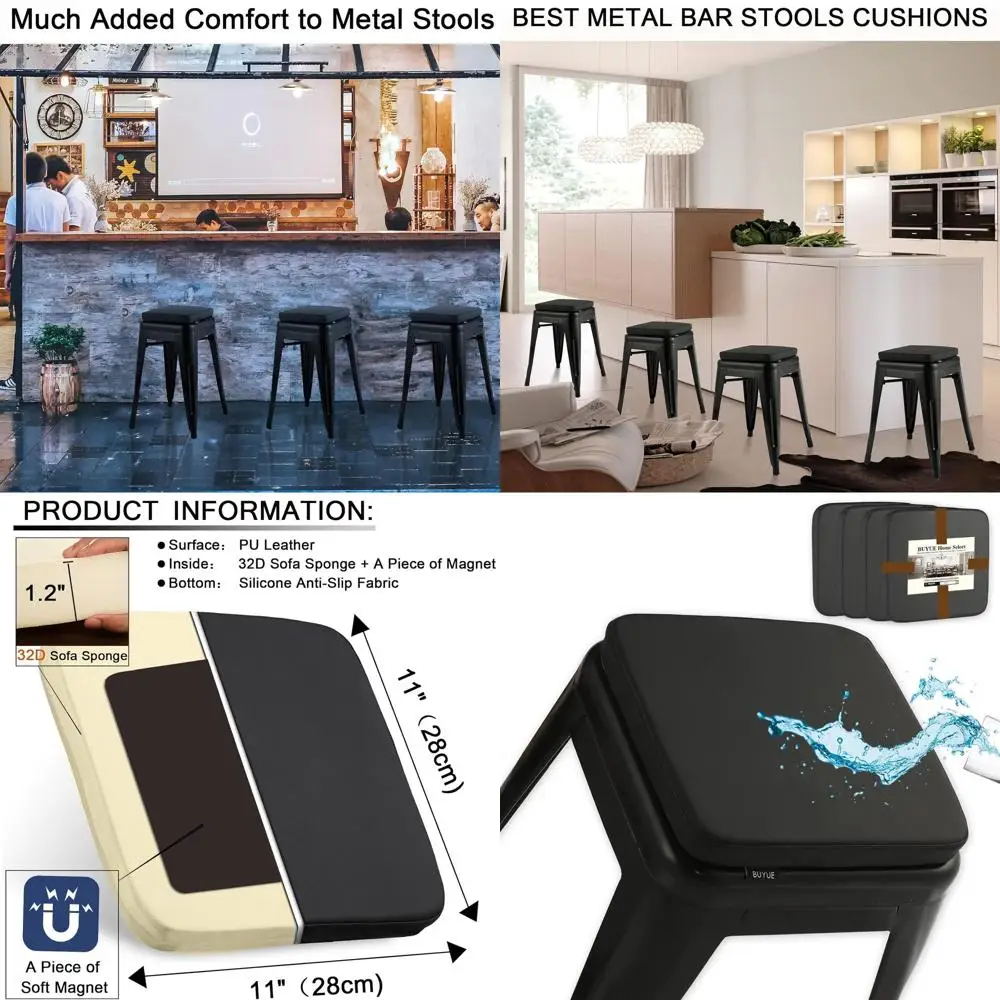 

Набор из 4 нескользящих магнитных подушек для барных стульев, водонепроницаемых квадратных подушек для сидений из искусственной кожи премиум-класса для штабелируемых металлических табуретов, су