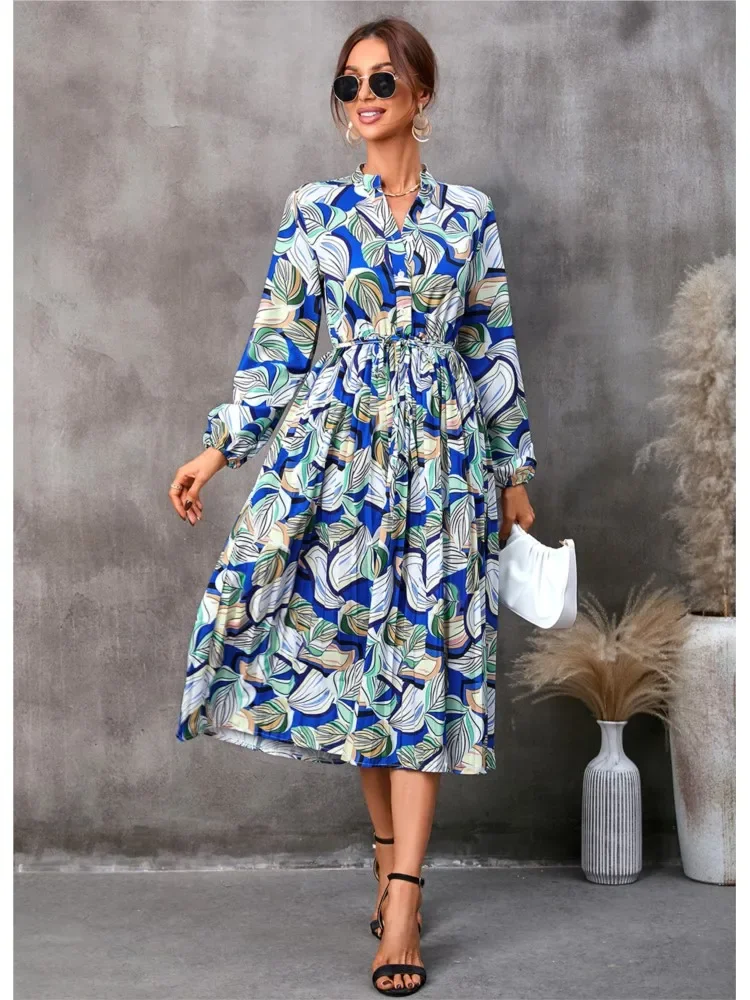 Robe plissée mi-longue à lacets pour femmes, nouvelle mode d'automne, imprimé feuilles, taille moyenne, manches longues, col de chemise, décontractée, confortable