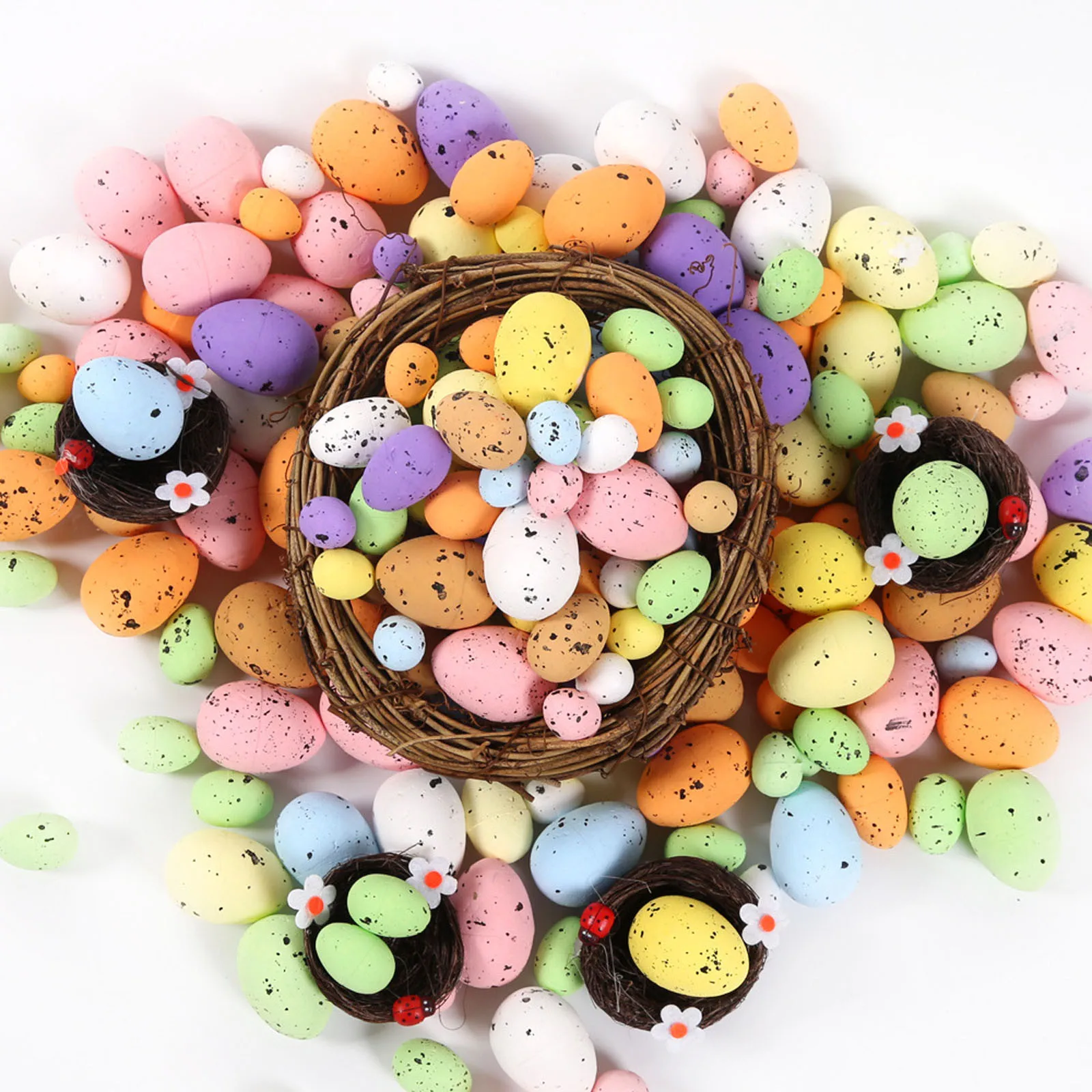 100Pcs Foam Easter Eggs Happy Easter Decorations Painted Bird Pigeon Eggs DIY Craft Kids Gift Favor Home Decor Easter Party