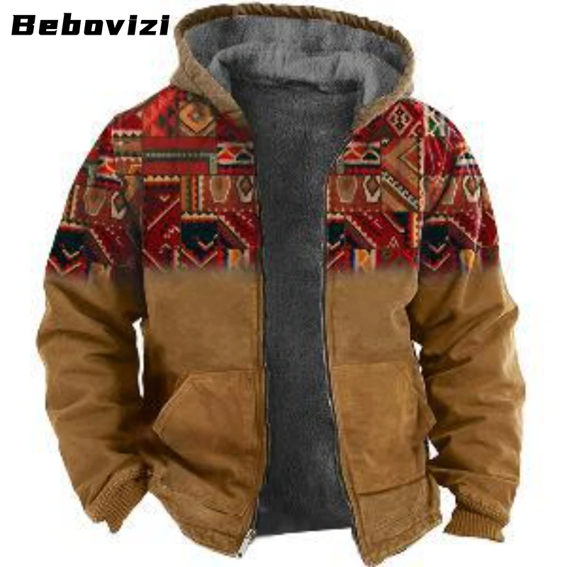 Streetwear Fashion Print Winter Men Jackets Casual Fleece Zipper Hooded Jacket Coat Men's Warm Clothing Chaquetas Hombre Parkas