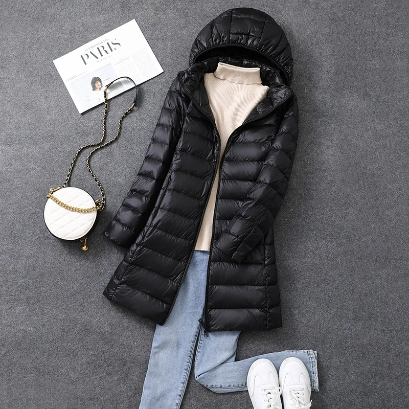 Women\'s X-long Office Lady Hat Detachable Puffer Jackets 2023 New Arrival Autumn Winter White Duck Down Warm Coat