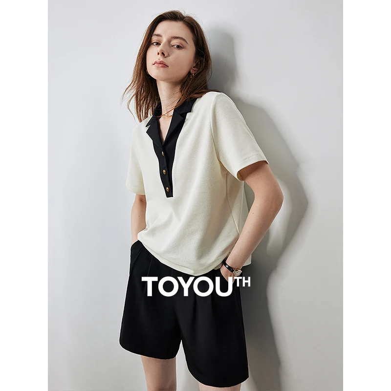 TOYOUTH Women Contrasting Colors POLO Collar T-shirt 2025 Summer New Short Sleeved Top