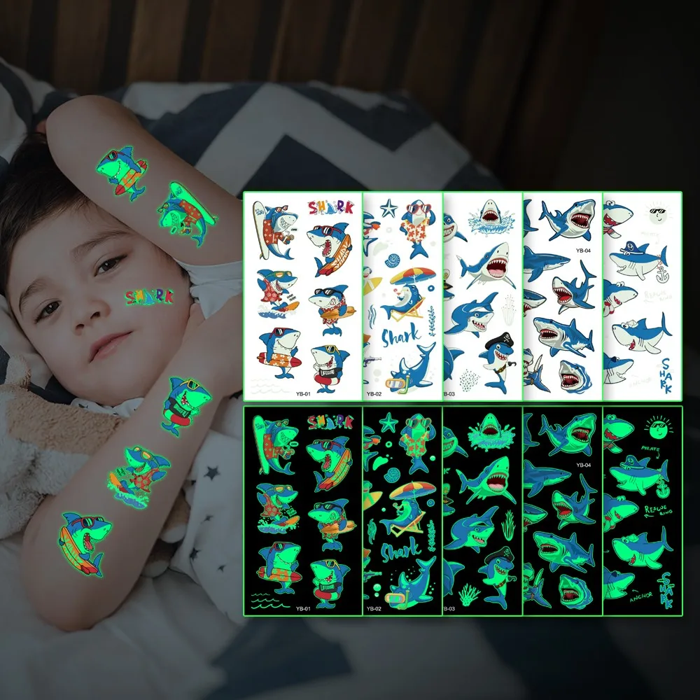 5Pcs/set Luminous Night Tattoo Stickers For Children Shark Dolphin Temporary Waterproof Tatto Body Art Kid Cartoon Fake Tatoo