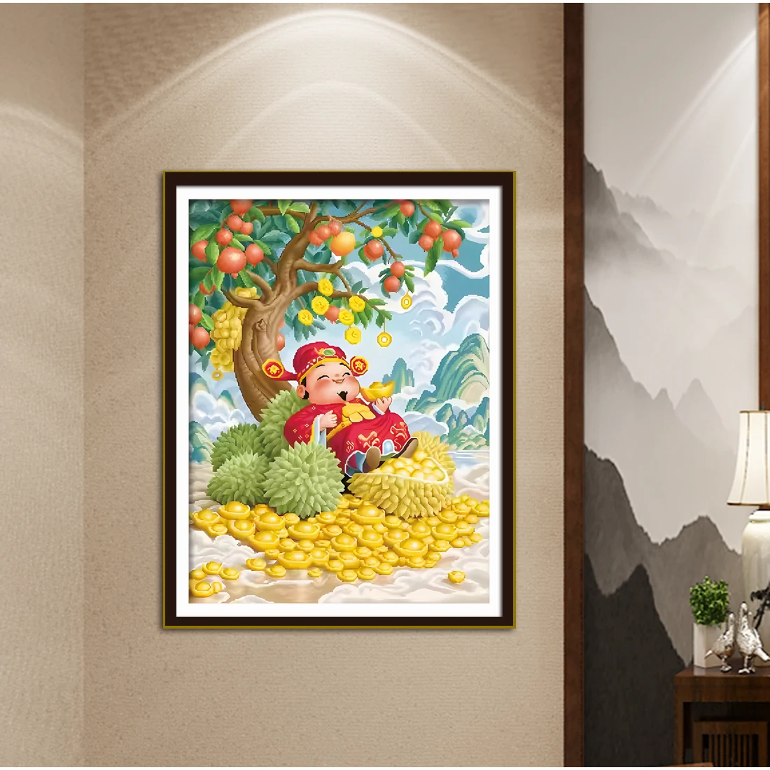 A Chinese-Style Cross-Stitch Kit Featuring the God of Wealth and a Golden Ingot Fruit Tree, Symbolizing Wealth and Prosperity in Feng Shui, DIY Printed Embroidery, Suitable for Home Decoration and as a Gift, Handmade Material Kit