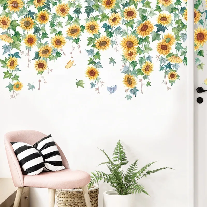 Sunflower Top Corner Line Decorative Wall Sticker for Bedroom Living Room Wallpaper Corridor Decorative Plant Wall Paste