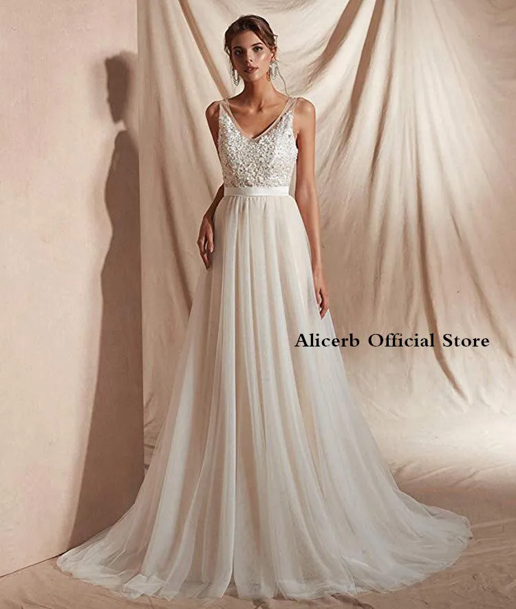 Wedding Dress New V-Neck Double Shoulder Mesh Wed Sexy Light Yarn Beach White A-Line Thin Travel Shoot Wedding Dresses Best