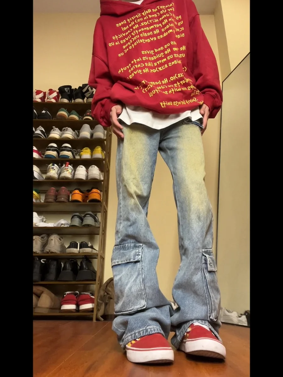 

Американские джинсы в стиле хип-хоп ретро с многоцветным дизайном, прямые, зауженные, модные, повседневные, длинные брюки для мужчин