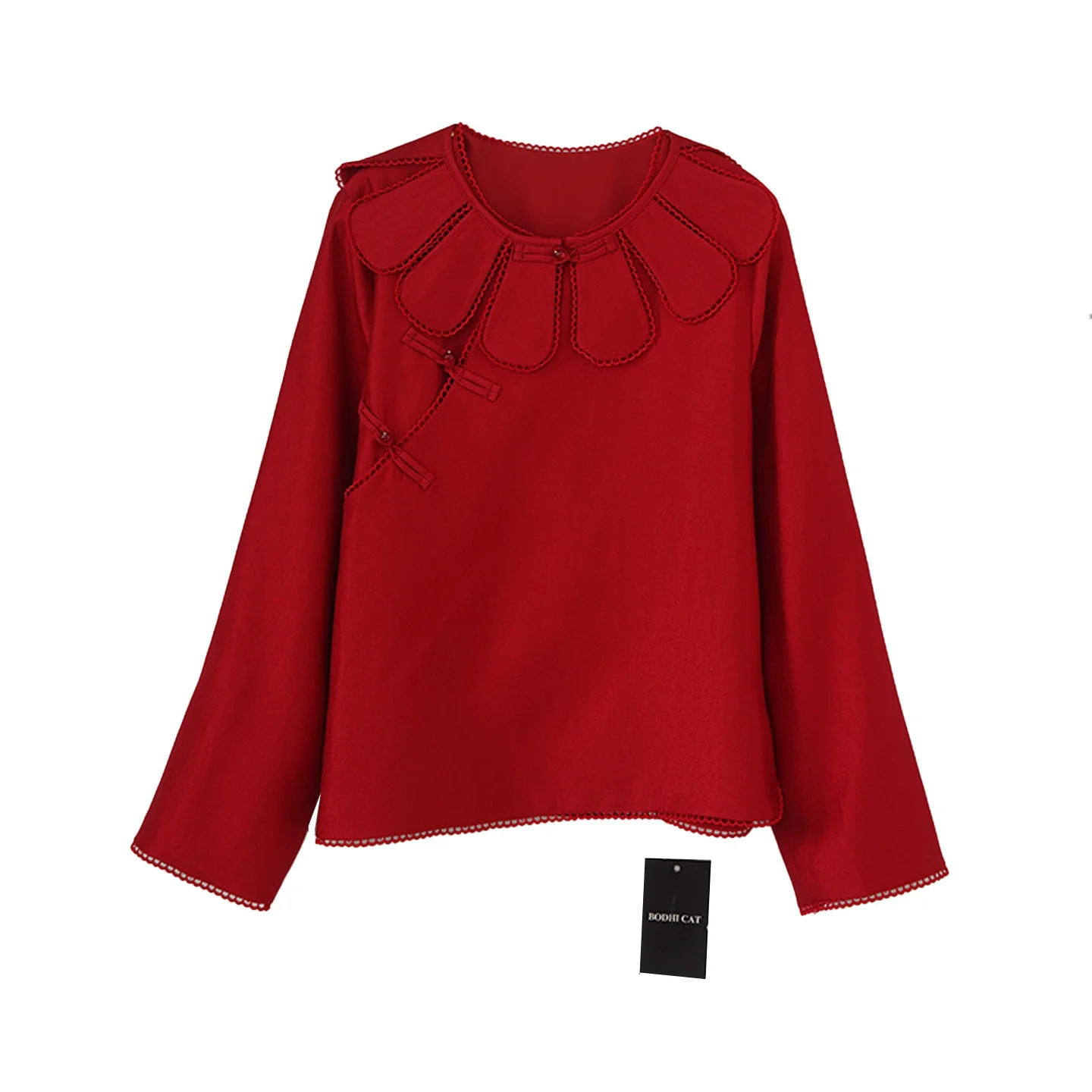 

Bodhl New Year Red Chinese Sle Doll Collar Silk irt Women's Early Spring Floral Casual Loose Fit Long Sve