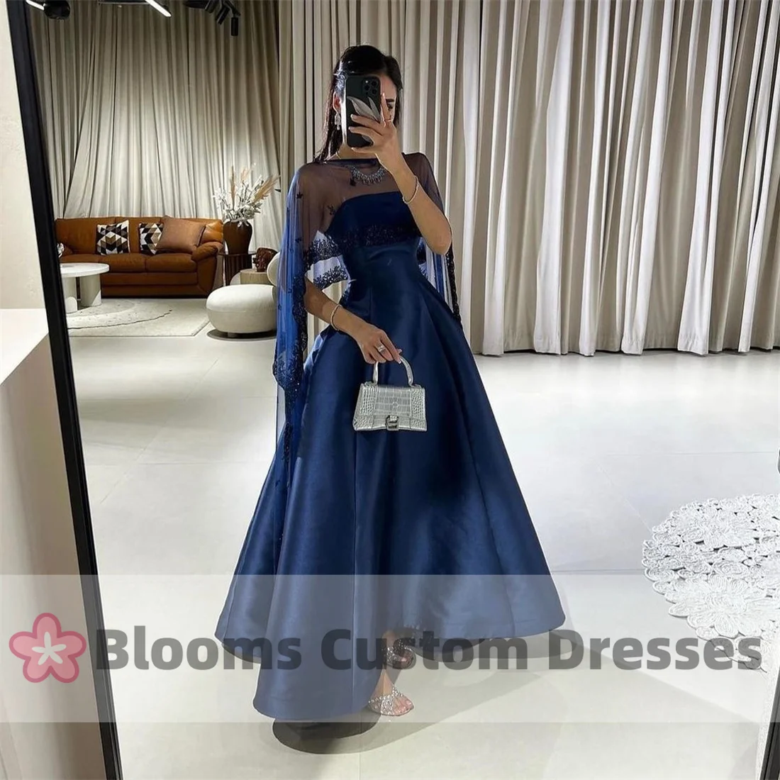 

Blooms Lace Tulle Cloak A-line Satin Evening Dresses Shiny Sequin Arabia Formal Occasion Party Dress For Prom