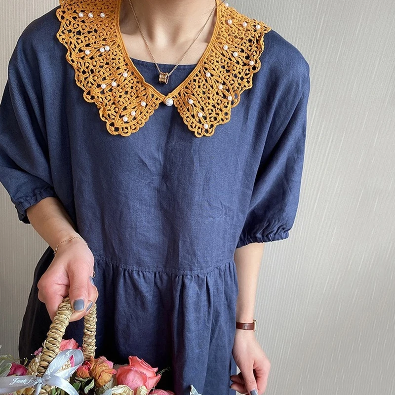 Colar falso com babados para mulheres, colarinho de boneca destacável, xale de renda floral oco, camisa doce