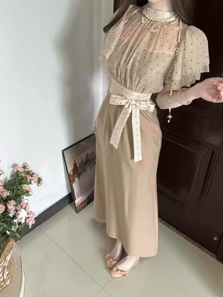 French Elegant Polka Dots Net-silk Tops +Chiffon Long Skirt Women 2 Piece Set Chic Party Daily Sweet Y2k Vintage Summer Outfits