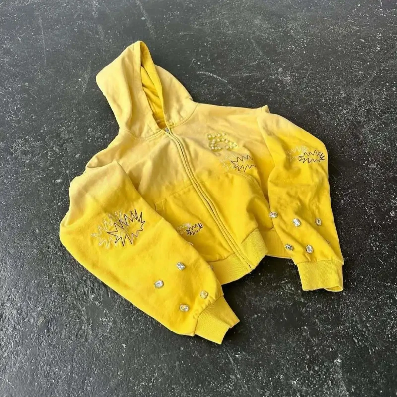 เสื้อฮู้ดดี้สไตล์ฮิปฮอป แนวสตรีทแฟชั่น แขนยาว แต่งซิป ปักลายเพชร สไตล์ยุโรปอเมริกา สำหรับฤดูใบไม้ร่วงและฤดูหนาว