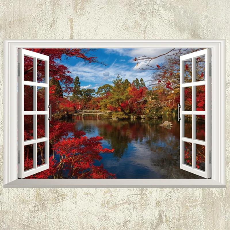 Outside the Window Deep Autumn Park View Mural for Home Decoration Aesthetic Room Walls Art Red Leaf Clear Water Vinyl Stickers