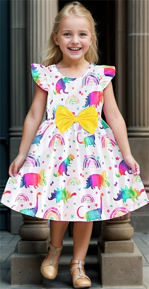 

2 PCS Girls' Princess Dress Cartoon Dinosaur Print A Line Skirt Summer Casual Daily Holiday Dress