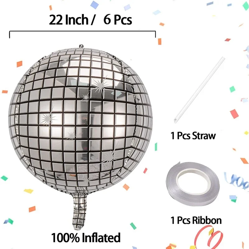 6 Pcs Disco Ball Foil Balloons 22 Inch 4D Sphere 70s 80s Party Metallic Silver Disco Balloons Wedding Birthday Party Decorations