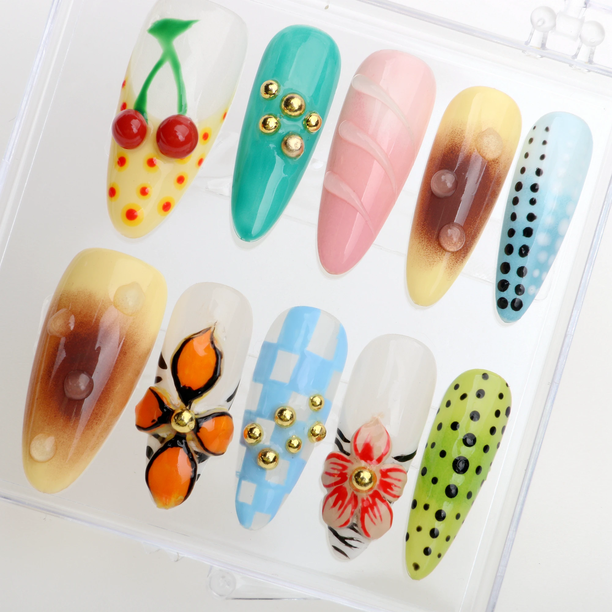 10Pcs Handmade Manicure Long Almond Acrylic Fake Holiday Y2K Nails Unique 3D FreeStyle New Cut Cherry Flowers Press On Nails