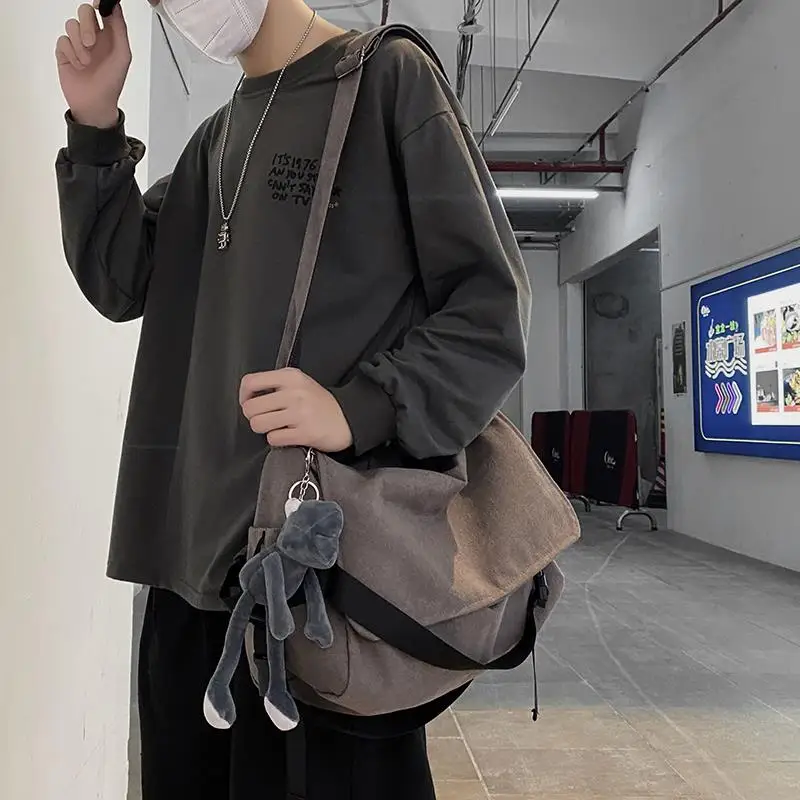 Casual Canvas Crossbody Bag for Men Travel Single Shoulder Student Cloth Material Leisure Handbag Soft Motorcycle Style Large...
