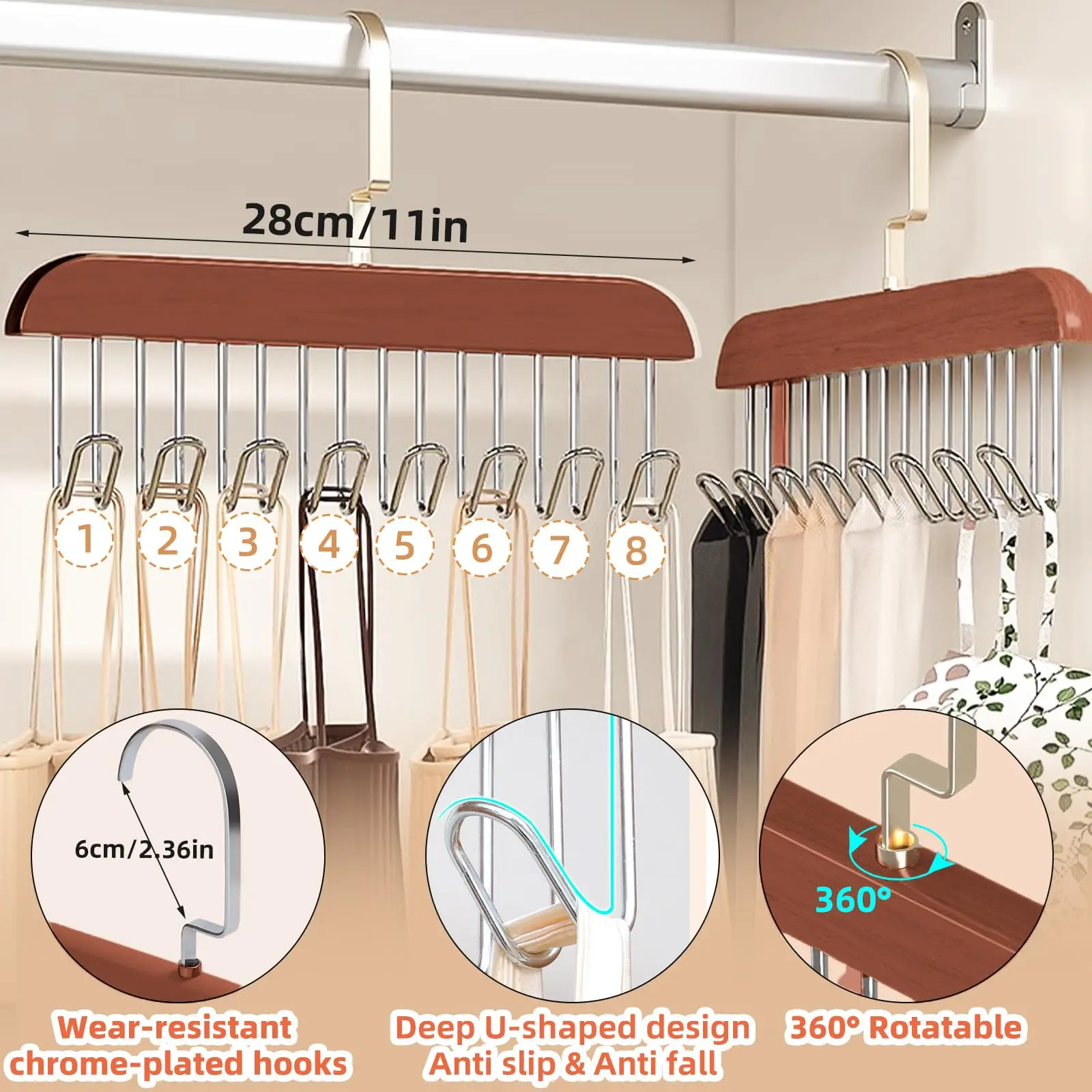 Anti Slip Multi Hook Coat Rack, Multifunctional Non-Slip Storage Hangers with 8 Hooks, 360 Degree Swivel Wooden Belt Hanger