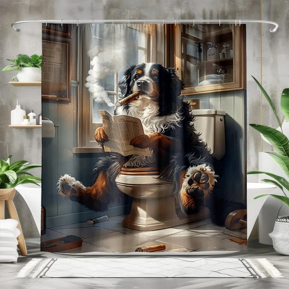 

Funny Animal Shower Curtains Bernese Mountain Dog Sitting on The Toilet and Reading Newspaper Bathroom Curtain Bathroom