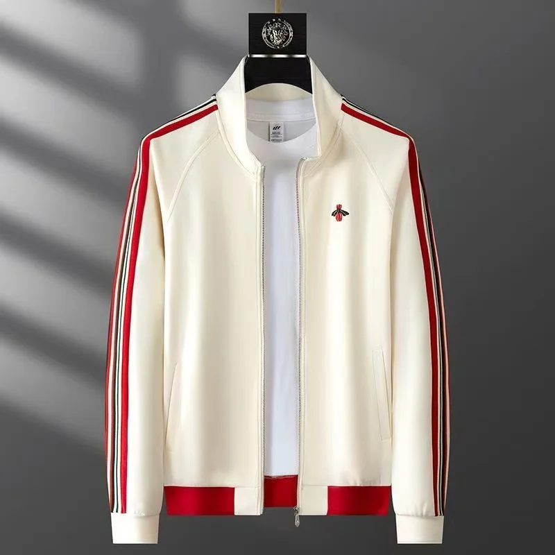 Luxury Casual Thermal Two-Piece Sportswear Set for Men High-End Zip Stand Collar Cardigan with Bee Embroidery Webbing Pants