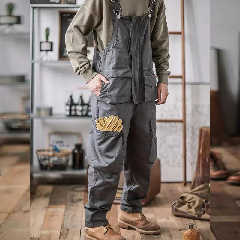 Retro American Cotton Overalls Bibs Loose Washing Jumpsuit Men's Suspenders Four Seasons Full Length Baggy Pants