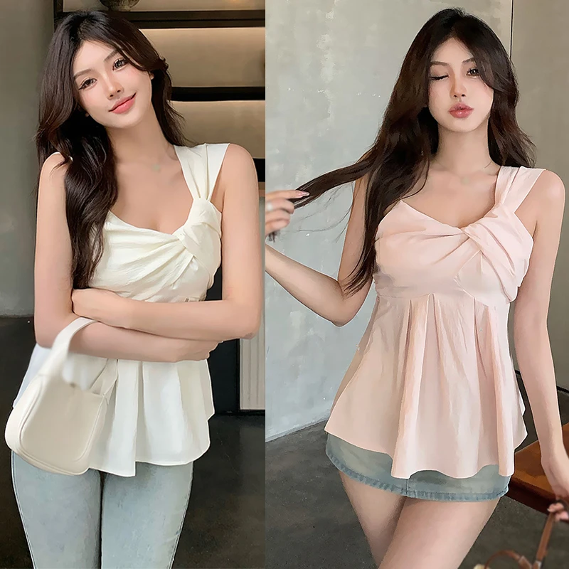 Summer Solid Colour Fashion Temperament Women\'s Pure Desire Irregular Off Shoulder Sleeveless Camisole Top Shirt