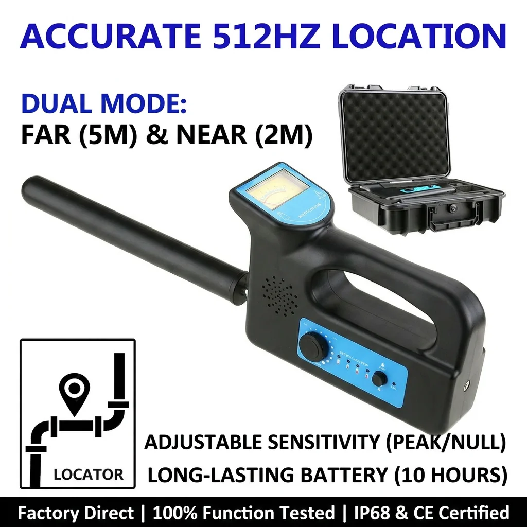 Localisateur de Tuyaux 512Hz Récepteur pour Caméra d'Égout Sonde Détecteur de Canalisation Souterrain Mode Loin/Près Batterie Rechargeable 3000mAh avec Boîte à Outils
