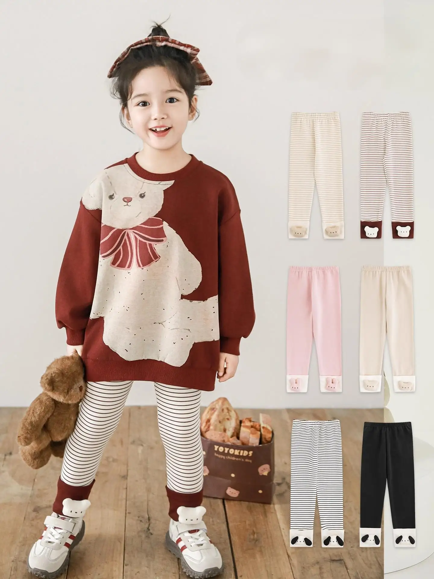 

Girls Playful Doll Print Leggings 2025 Autumn Color Block Turn Up Dynamic Stripes Loose Comfort Stretch Pants Ages 1-7 Years