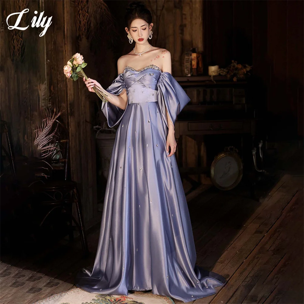 

Lily Light Purple 프롬 드레 Off the Shoulder A Line Satin Prom Gown Party Dresses for Formal Event Crystal Modest Customized