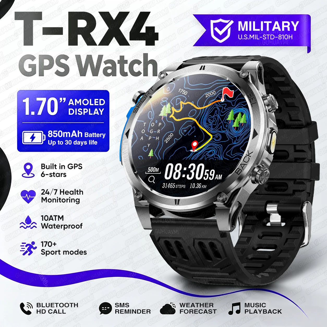 2026New Military T-RX4 Built in GPS Outdoor Smart Watch 10ATM Waterproof Compass 850mAh Battery 1.7”AMOLED Sports Fitness Clock image 3