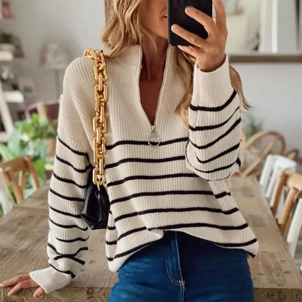 Women Sweater Striped Zipper V Neck Autumn Winter Contrast Color Knitted Pullover For Daily Wear Womens Clothing свитер женский